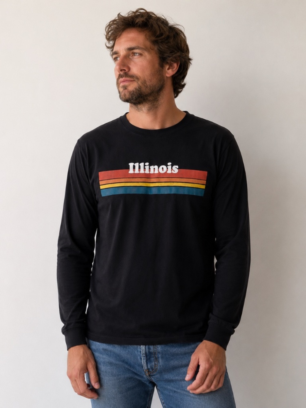 ILLINOIS Home Free Mens Retro Chicago University Black Long Sleeve T-Shirt Sz L